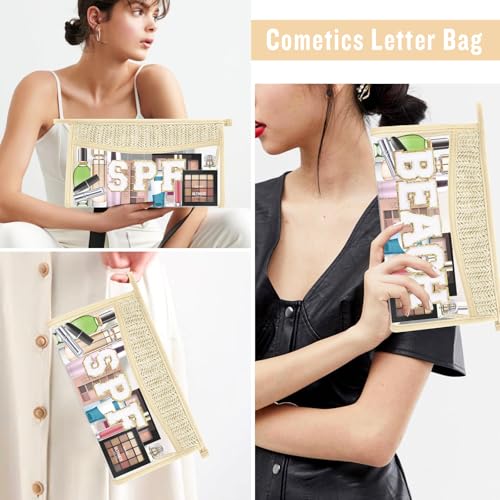 Boho Clear Makeup Pouch with Glitter Letters - Waterproof Toiletry Bag