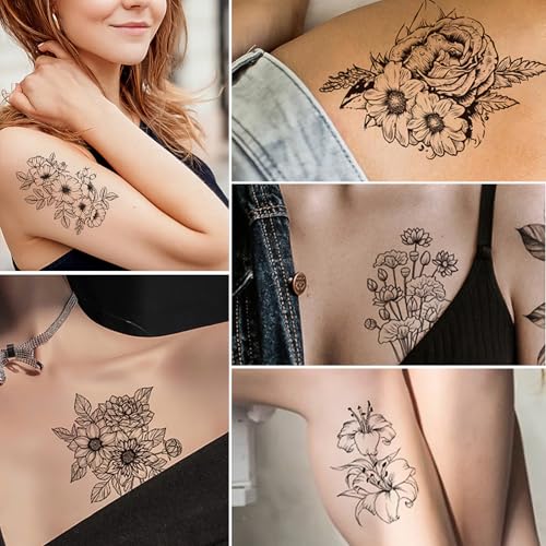 24 Sheets Temporary Tattoos Stickers Long Lasting Flower Temporary Fake Tattoos For Men Women Arm Neck Fake Body Arm Chest Shoulder Tattoos