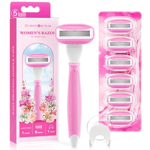Razors for Women Include 1 Non-Slip Handle and 7 Blade Refills with a Shower Holder, 5 Premium Blades Women's Razors for Shaving with 360¡Æ Lubrication Reduces Irritation, Pink