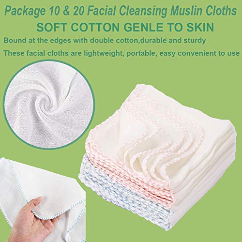 Yaosan Pack 20 Eco Friendly Muslin Face Cloths Soft Cotton Reusable Facial Cleansing Cloths Remover Face Muslin Pack (Blue Edge)