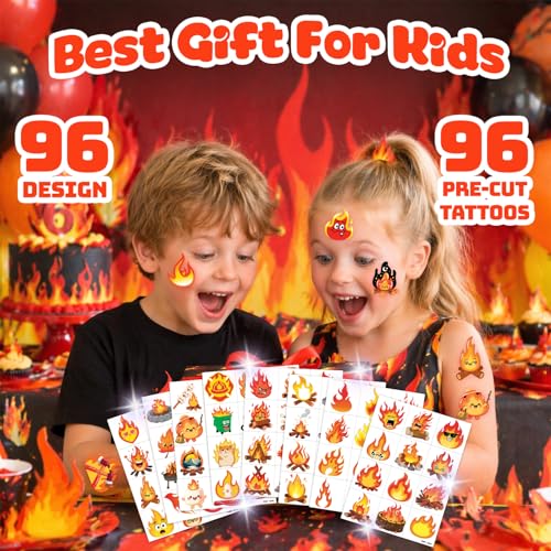 96 PCS Fire Flame Temporary Tattoos for Kids Party