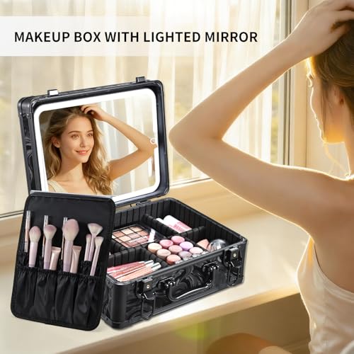 Makeup Case with LED Mirror, Makeup Bag with Lighted Mirror, Travel Cosmetic Train Case Organizer with Adjustable Dividers and Tool Panel for Brushes Fluid-Black