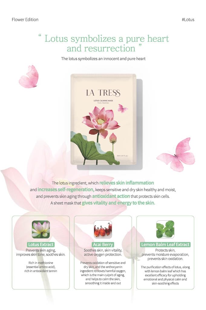 LA TRESS Lotus Calming Korean Face Mask, Korean Beauty Skin Care (5 Sheets)