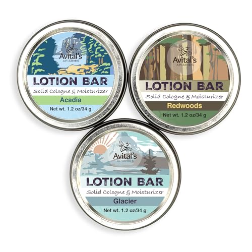 Avital's Apiaries National Park Inspired Lotion Bar 3-Pack ? Solid Cologne & Moisturizer ? Acadia, Glacier & Redwoods ? Natural Beeswax Travel Lotion Bars for Hiking, Camping & Outdoor Adventures