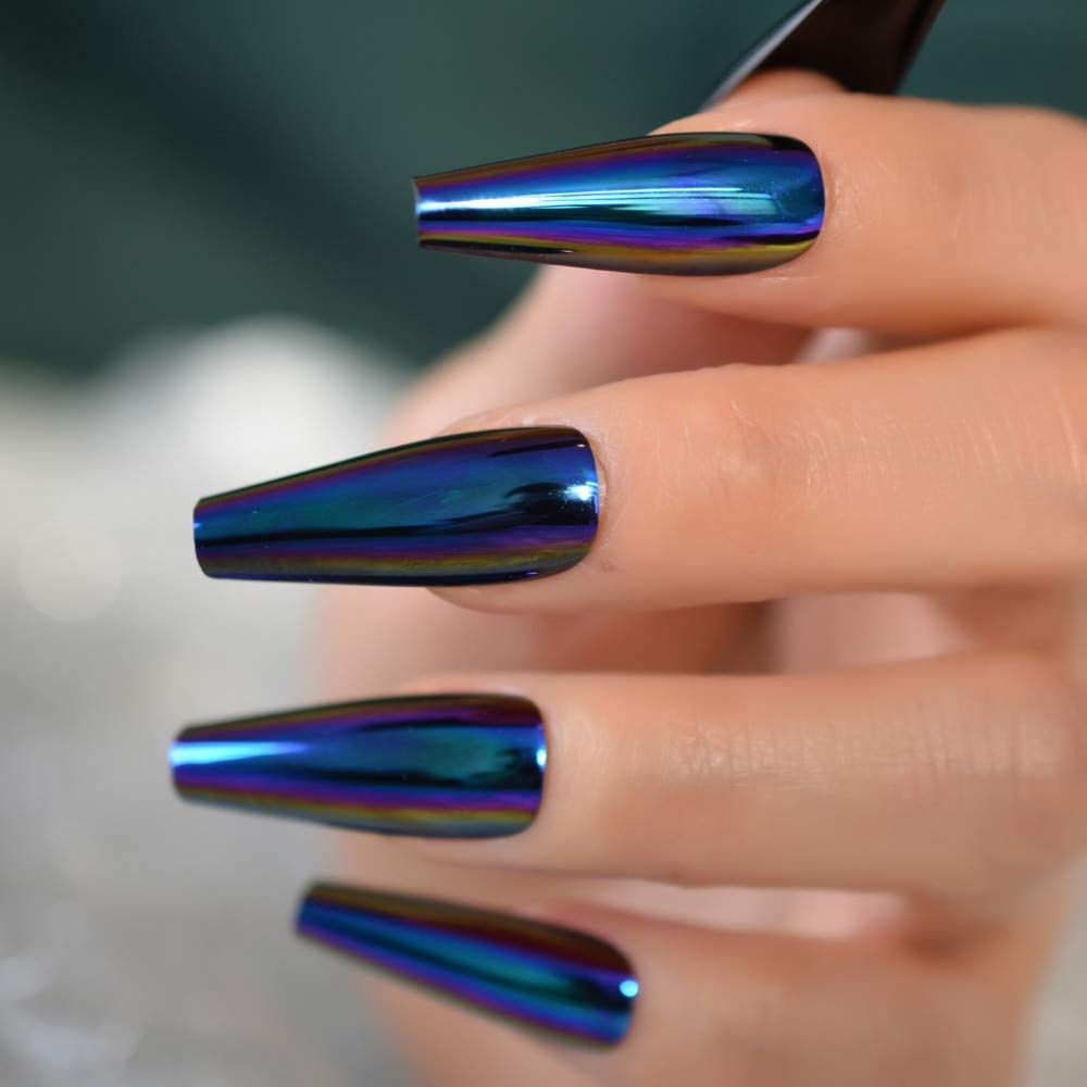 EchiQ Chrome Diamond Blue Press On Fingernails Coffin Metallic Mirror Holo Fake Nails Extra Long Ladies Designed Tips for Finger