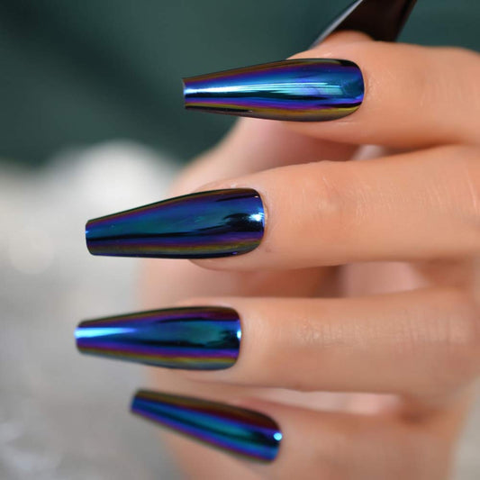 EchiQ Chrome Diamond Blue Press On Fingernails Coffin Metallic Mirror Holo Fake Nails Extra Long Ladies Designed Tips for Finger