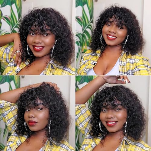 12 Inch Short Curly Bob Wig with Bangs - Brazilian Human Hair