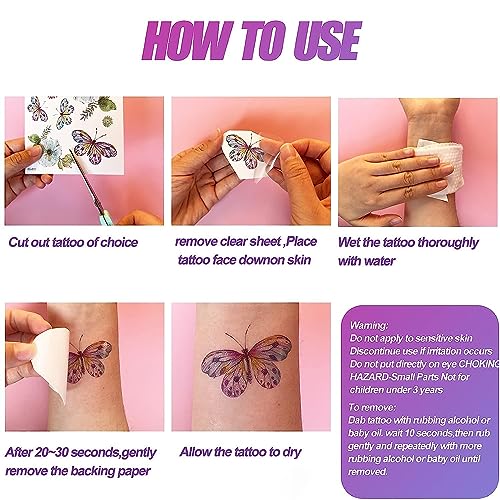 Glitter Temporary Tattoos for Women - 18 Sheets Butterfly Flower