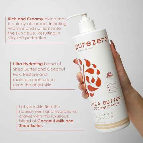 Purezero Shea Butter & Coconut Milk Body Wash - 20oz Leaves Skin Hydrated and Fresh, Maintain Elasticity and Smoothness, Zero Sulfates, Zero Parabens