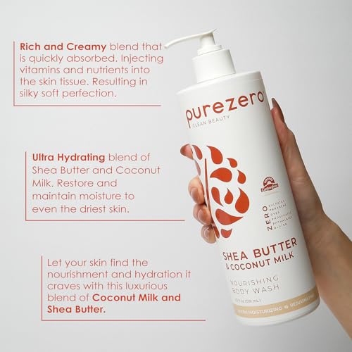 Purezero Shea Butter & Coconut Milk Body Wash, Leaves Skin Hydrated and Fresh, Maintain Elasticity and Smoothness, Zero Sulfates, Parabens, Dyes,100% Vegan & Cruelty-Free (20oz, 2 Pack)