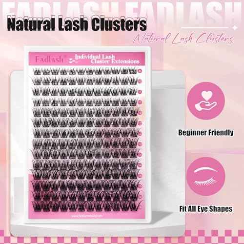 FADLASH Lash Clusters Wispy Eyelash Clusters D Curl 8-16mm Cluster Eyelash Extensions 168Pcs Individual Natural Lashes with Black Thin Band Soft and Reusable (GS49, 8-16mm)