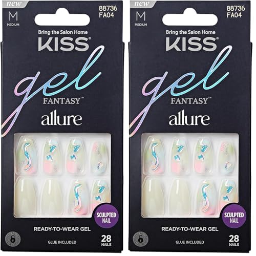 KISS Gel Fantasy Allure Ready-To-Wear Fake Nails ? Medium, Coffin Shaped - Band of Color, Salon Quality, Smudge Proof, Waterproof, Durable, Wearable, Flexible, Chip Proof, Gorgeous & Shiny | 28 Count