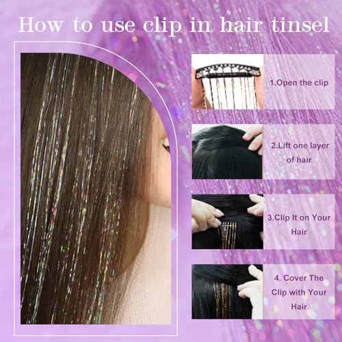 Hersun Pink Hair Tinsel Kit - 8 Clip-In Strands, 20in