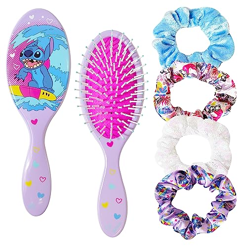 Stitch Hair Brush and 4 Scrunchies Set for Girls - Detangling Brush and Elastic Hair Ties for Ages 3+