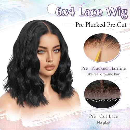 14 Inch Short Wavy Wigs for Women Natural Curly Bob Style 6x4 Glueless Synthetic Lace Front Wig Pre Plucked Pre Cut Hairline Daily Party Use£¨Black£©