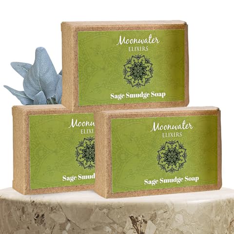 Moonwater Elixirs Sage Smudge Soap - Full Moon Infused and Crystal Charged Sage Soap for Cleansing Negative Energy, Cleansing Sage Soap for Negative Energy Protection with Sage Oil & Crystals - 3 Bar