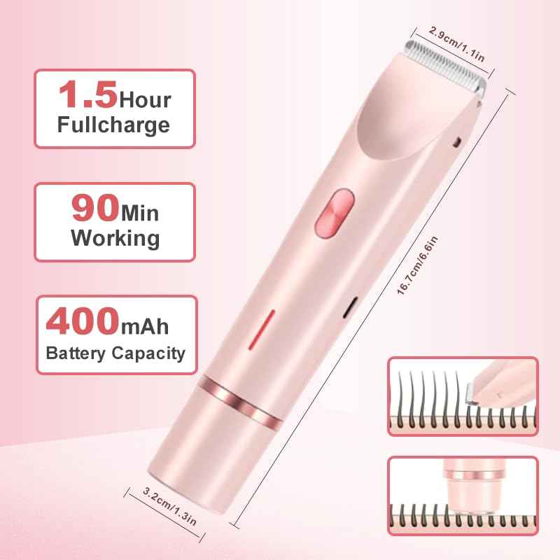 Bikini Trimmer for Women, Waterproof Electric Shaver – Painless Pubic Hair Remover with Ceramic Blades, USB-C Rechargeable (Pink)