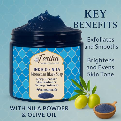 FERIHA Moroccan Indigo (Nila) Black Soap + Original Kessa Exfoliating Glove ? Traditional Hammam Duo for Deep Cleansing and Radiant Skin