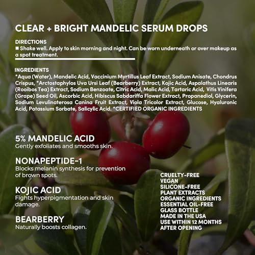 Fitglow Beauty Clear + Bright Mandelic Serum Drops | Gentle Exfoliating Face Serum | Evens Tone, Corrects Discoloration & Clears Breakouts | Hyaluronic Acid | 30ml