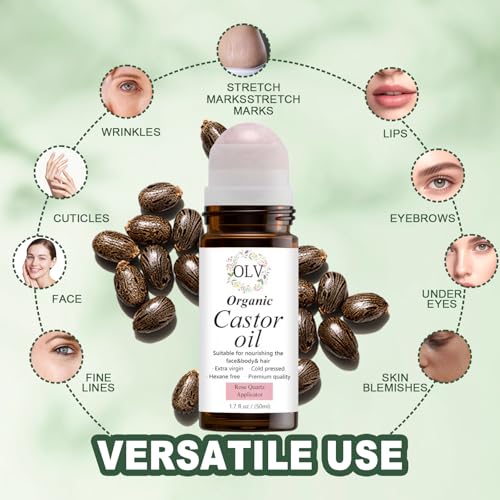 Organic Castor Oil with Rose Quartz Roller, 100% Pure Cold-Pressed Hexane-Free Unrefined, Reduces Fine Lines & Deeply Hydrates for Hair Growth, Eyelashes, Eyebrows & Firms Skin (50ML/1.7oz)