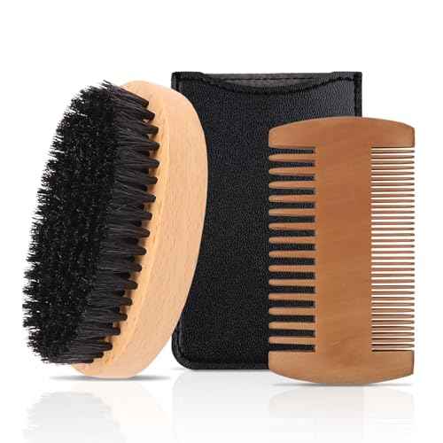 Men's Beard Brush Kit with Pearwood Comb and Boar Bristle Beard Brush, Beard Grooming Tools for Home and Barbershop
