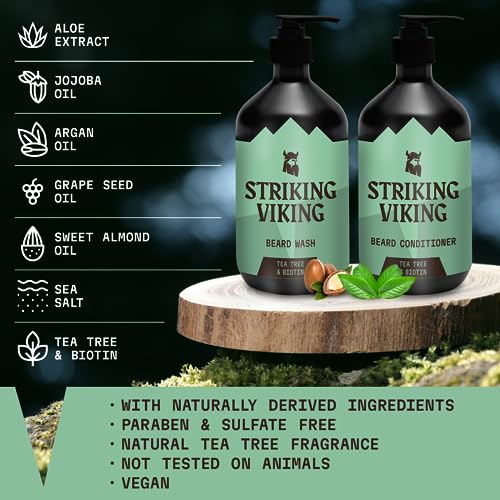 Striking Viking Beard Wash and Conditioner (Tea Tree & Biotin) - Paraben & Sulfate Free Cleansing Care for All Beard Types (10oz Per Bottle)