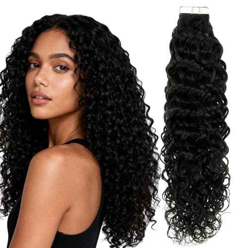 Hetto Curly Tape in Hair Extensions Human Hair Black Wavy Tape in Hair Extensions Invisible Curly Tapes Hair Extension #1 Jet Black 14Inch 50G