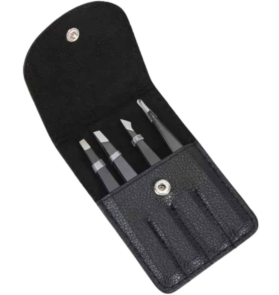 ITALLY Tweezers Set - Professional Eyebrow Tweezers - Stainless Steel Best Precision Tweezers for Women Facial Hair, Splinter, Blackhead & Ingrown Hair Removal, 4Pcs (Black)