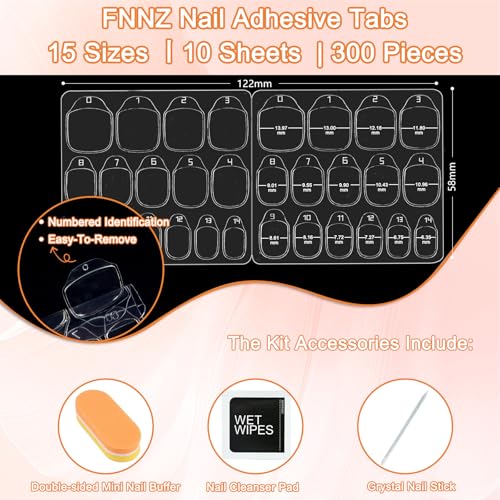 FNNZ Press On Nail Tabs - 300 Pcs, 15 Sizes, Waterproof Adhesive