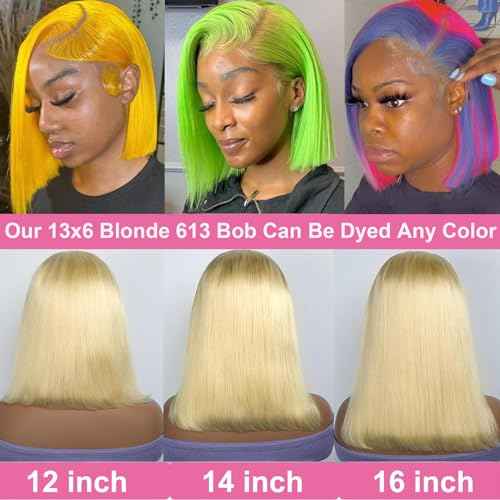 Blonde 613 13x6 Bob Lace Front Wig Human Hair Straight Lace Frontal Wigs Pre Plucked with Baby Hair 180 Density Brazlian Remy Transparent Glueless Short Wigs for Black Women