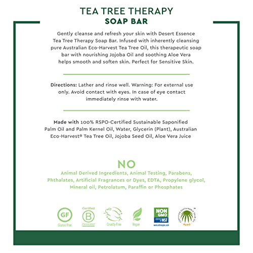 Desert Essence Tea Tree Therapy Cleansing Bar Soap - 5 Ounce - Pack of 4 - Therapeutic Skincare - All Skin Types - Jojoba Oil - Aloe Vera - Palm Oil - Moisturizes Face and Body