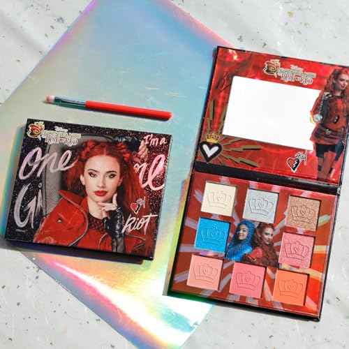 Descendants: The Rise of Red - 8 Well Eyeshadow Shimmer Palette with Mirror and brush, Shimmery and Opaque Colors, Pigmented Blendable for Girls Ages 8+, Perfect for Birthday, Parties by Townley Girl