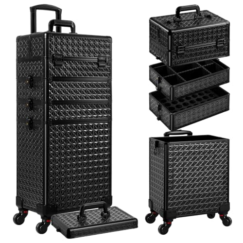 Arous 5-in-1 Black Rolling Makeup Train Case with Detachable Compartments