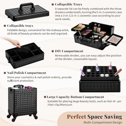 Arous 5-in-1 Black Rolling Makeup Train Case with Detachable Compartments