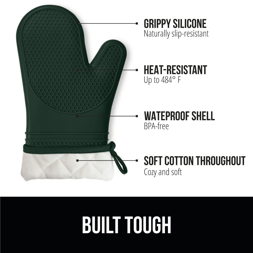 Gorilla Grip Heat and Slip Resistant Silicone Oven Mitts Set, Soft Cotton Lining, Waterproof, BPA-Free, Long Flexible Thick Gloves, Cooking, BBQ, Kitchen Potholders, 12.5 in, Hunter Green