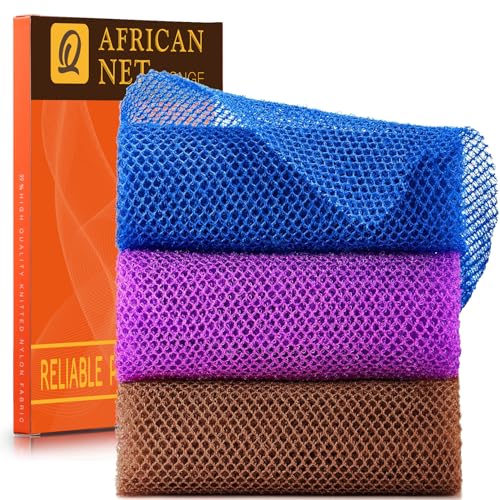 UJFQBH 3-Piece African Bath Sponge Set - Long Net Exfoliating Body Scrubber in Brown, Blue, Purple