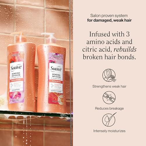 Suave Bonding Infusion Repairing Shampoo, pH Balanced, Infused with Amino Acids and Citric Acid, for Weak or Damaged Hair, 28oz Pump, 4 Pack