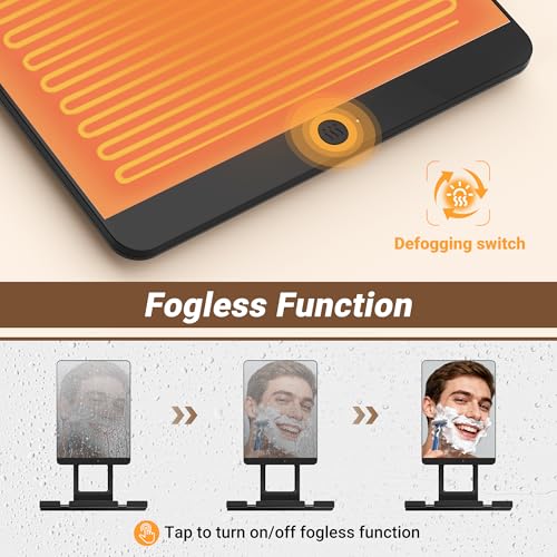 Heated Fogless Shower Mirror for Shaving, 5000mAh Long-Lasting Anti-Fog Shower Mirror with 360¡Æ Rotating Design & Razor Holder, Fog-Free Shaving Mirror for Men (Black)