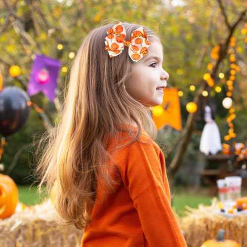 Thanksgiving Hair Bows for Girls, IKOLA Orange Pumpkin Hair Clips Handmade Grosgrain Ribbon Hair Bow Clips, Non Slip Metal Alligator Hair Barrettes Hairpins | Glitter Hair Accessories for Fall Autumn