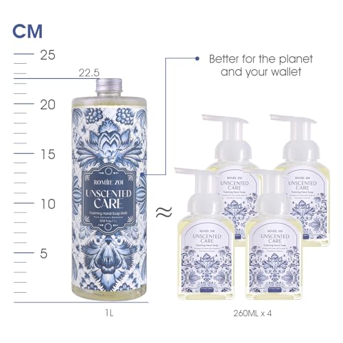 ROMIIE ZOI Foaming Hand Soap Refill Gift Set ? Unscented ? 3 Pack (1000ML Each) with Dispenser ? Pure & Neutral, Gentle & Frangrance Free Formula ? Bulk Refill Bottles for Bathroom & Kitchen Use