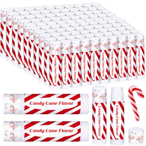 100 Pack Christmas Lip Balms Bulk Christmas Candy Peppermint Cane Scented Holiday Flavor Lip Balm Gifts Xmas Party Gifts Bulk Xmas Items Stocking Stuffers for Women Men Staff Employee (Candy)