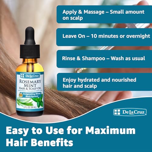 De La Cruz Rosemary Mint Oil Blend for Hair & Scalp - Revitalizing Blend with Castor, Avocado and Olive Oil - Naturally Moisturizing Rosemary Hair Oil - 2 FL OZ