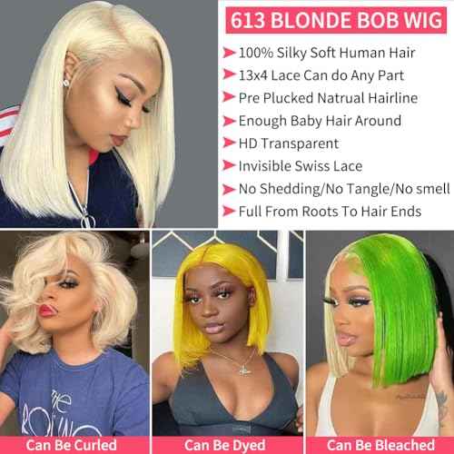 613 Blonde Bob Wig Human hair 180 Density 13x4 Blonde Lace Front Wigs Human Hair Pre Plucked With Baby Hair 613 HD Lace Frontal Wig Straight Glueless Wigs Short Bob Wig For Women 10 Inch