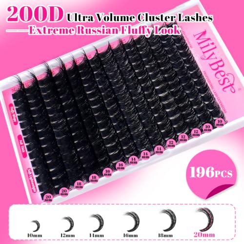 MilyBest D-Curl Lash Clusters Kit - 200D Volume, 10-20mm