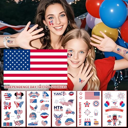 4th of July Temporary Tattoo Adults Fake Tattoos Independence Day Fourth of July Waterproof Body Art Stickers Red White Blue Memorial Decorations for Labor Day Party USA National Flag 20 Sheets