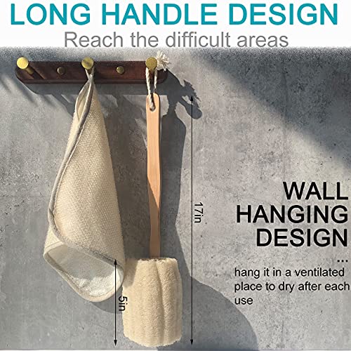 6 pcs/Set - 4 Natural Exfoliating Loofah luffa loofa Bath Brush On a Stick - with Long Wooden Handle Back Brush for Men & Women - 2 XL Large Exfoliating Body Pad - Shower Sponge Body Back Scrubber