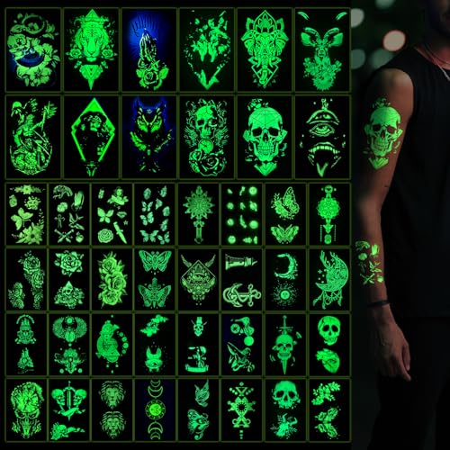 Temporary Tattoos Adult, Glow in The Dark tattoos, 44 Sheets Luminous Temporary Tattoos Stickers, 12 Sheets Fake Body Arm Chest Shoulder Tattoos for Men or Women with 32 Sheets Tiny Tattoos.