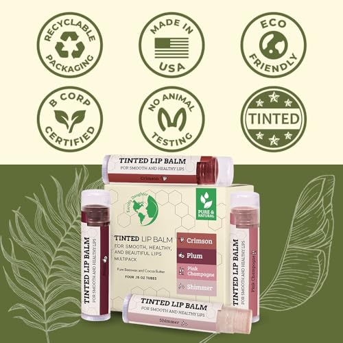 Tinted Lip Balm by Earth’s Daughter – 4 Pack of Assorted Colors – Beeswax, Coconut Oil, Cocoa Butter, Vitamin E – Moisturize and Beautify – Paraben Free