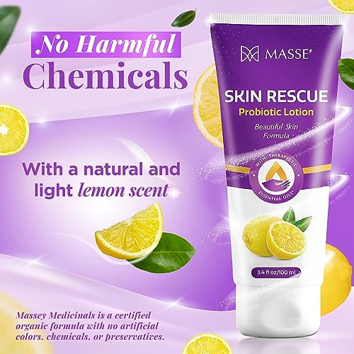 Massey's Skin Rescue Probiotics Lotion - Daily lotion for Men & Women - Refreshing Lemon Scent - Non-Greasy Moisture for Smooth & Sensitive Skin - 3.4 oz