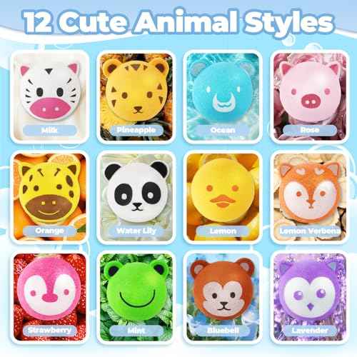 Bath Bombs for Kids with Surprise Toys Inside, 12 Pcs Bubble Bath Fizzy Balls with 12 Animal Shapes, Natural Bath Bombs Easter Christmas Children's Day Gift Set for Kids Girls Boys Toddlers